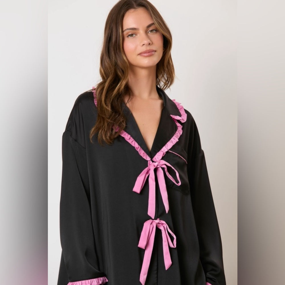 SATIN RUFFLE DETAIL PAJAMA SET