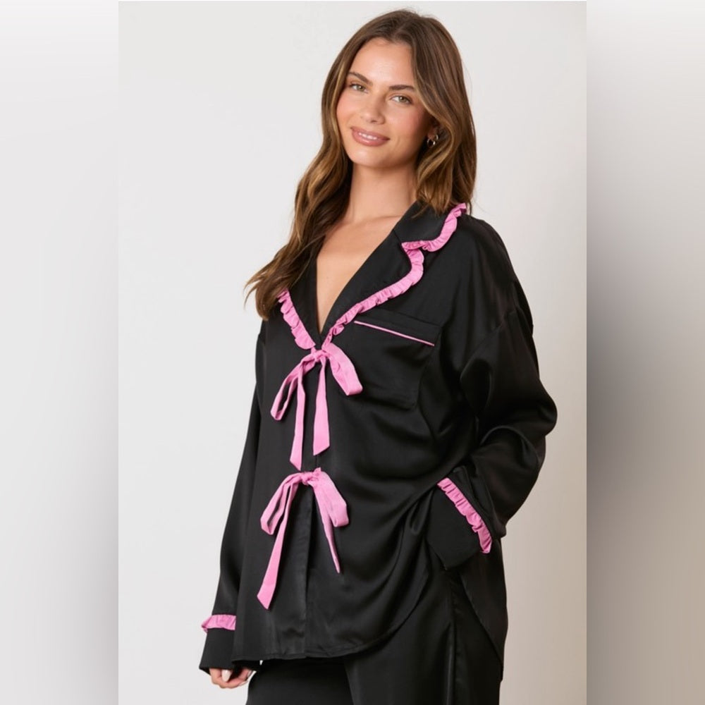 SATIN RUFFLE DETAIL PAJAMA SET