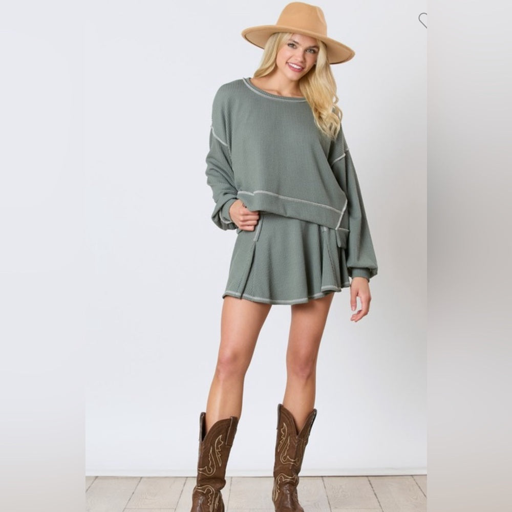 REVERSE STITCH SKIRT WITH HIDDEN SHORTS AND LONG SLEEVE SHIRT SET- OLIVE