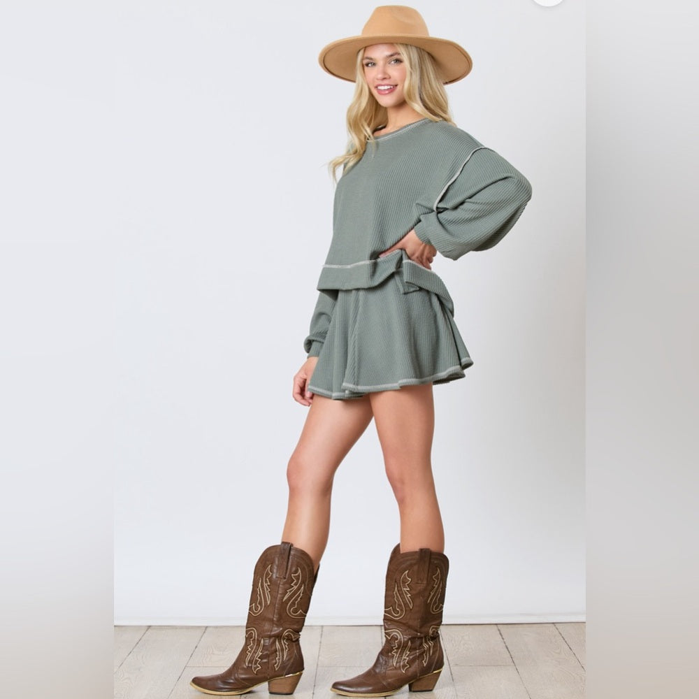REVERSE STITCH SKIRT WITH HIDDEN SHORTS AND LONG SLEEVE SHIRT SET- OLIVE
