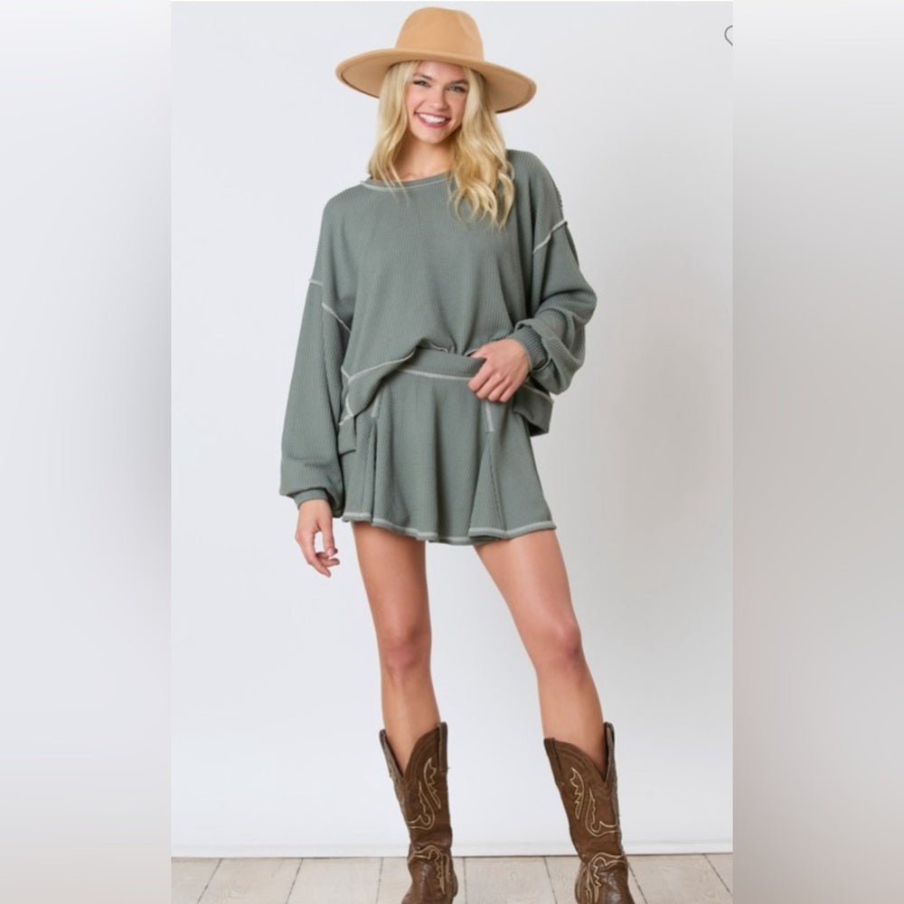 REVERSE STITCH SKIRT WITH HIDDEN SHORTS AND LONG SLEEVE SHIRT SET- OLIVE