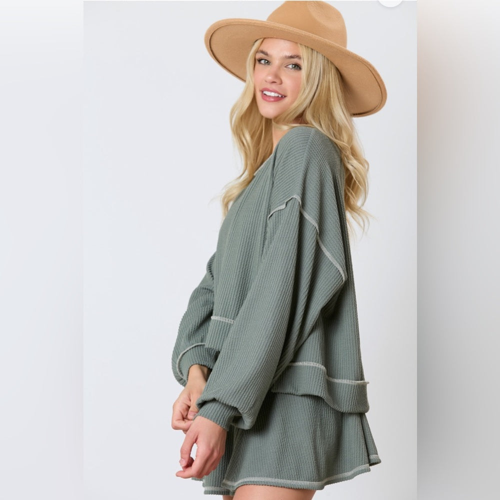 REVERSE STITCH SKIRT WITH HIDDEN SHORTS AND LONG SLEEVE SHIRT SET- OLIVE