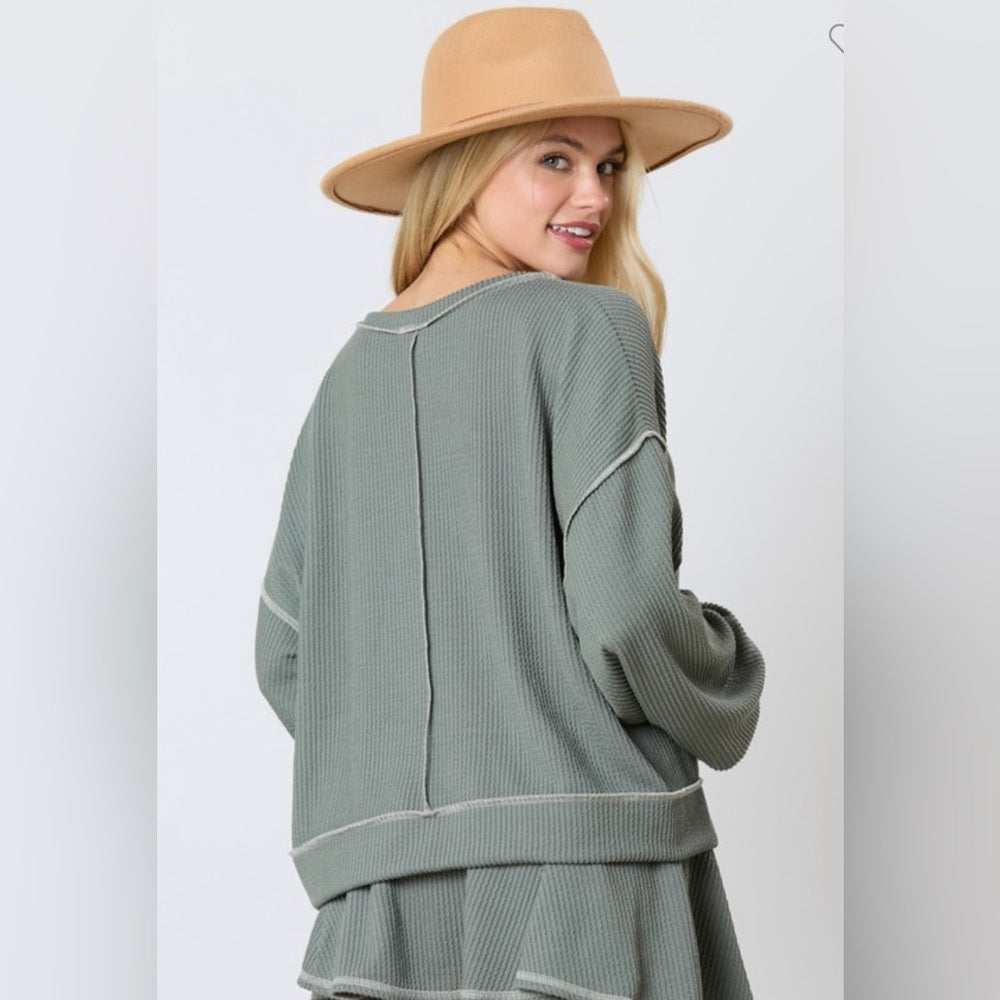 REVERSE STITCH SKIRT WITH HIDDEN SHORTS AND LONG SLEEVE SHIRT SET- OLIVE