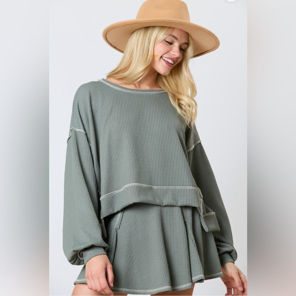 REVERSE STITCH SKIRT WITH HIDDEN SHORTS AND LONG SLEEVE SHIRT SET- OLIVE