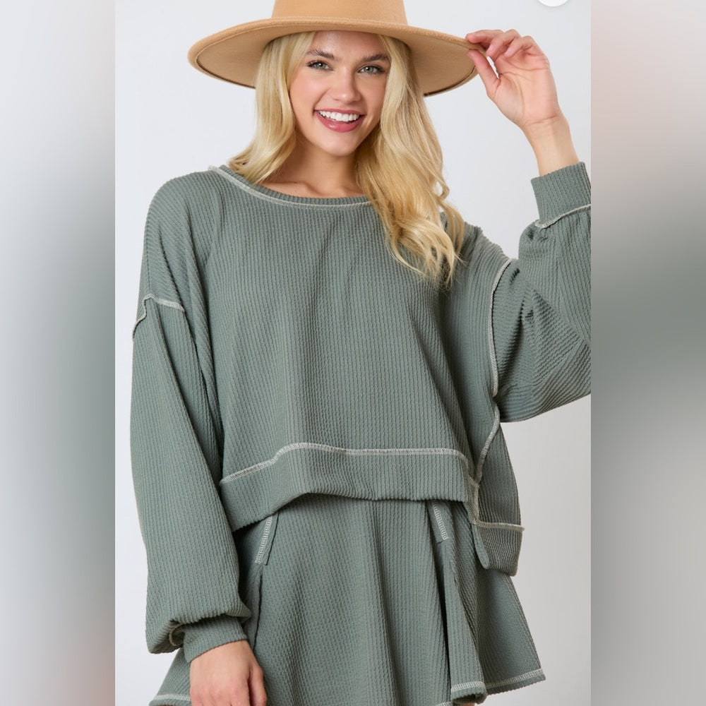 REVERSE STITCH SKIRT WITH HIDDEN SHORTS AND LONG SLEEVE SHIRT SET- OLIVE