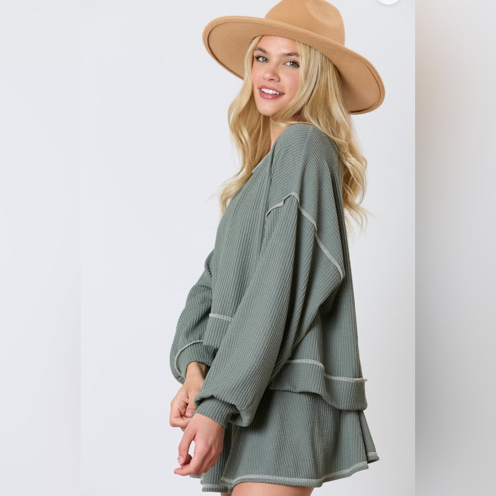 REVERSE STITCH SKIRT WITH HIDDEN SHORTS AND LONG SLEEVE SHIRT SET- OLIVE