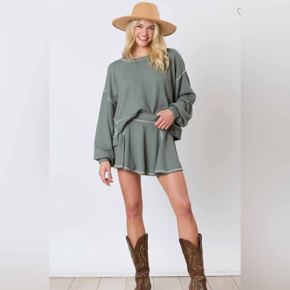 REVERSE STITCH SKIRT WITH HIDDEN SHORTS AND LONG SLEEVE SHIRT SET- OLIVE