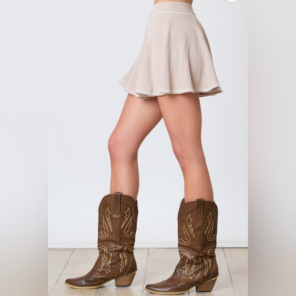 REVERSE STITCH SKIRT WITH SHORTS- TAUPE