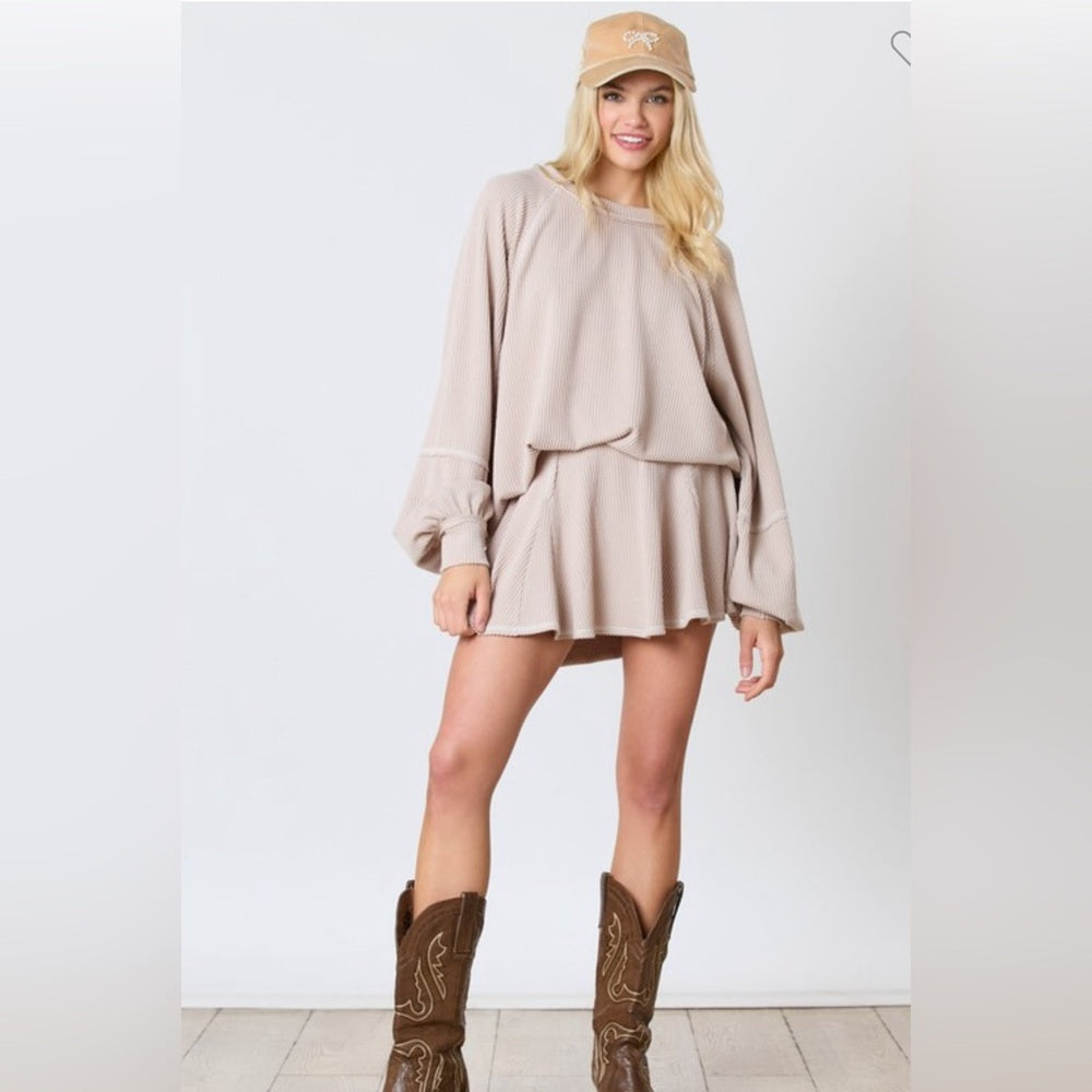 REVERSE STITCH SKIRT WITH SHORTS- TAUPE
