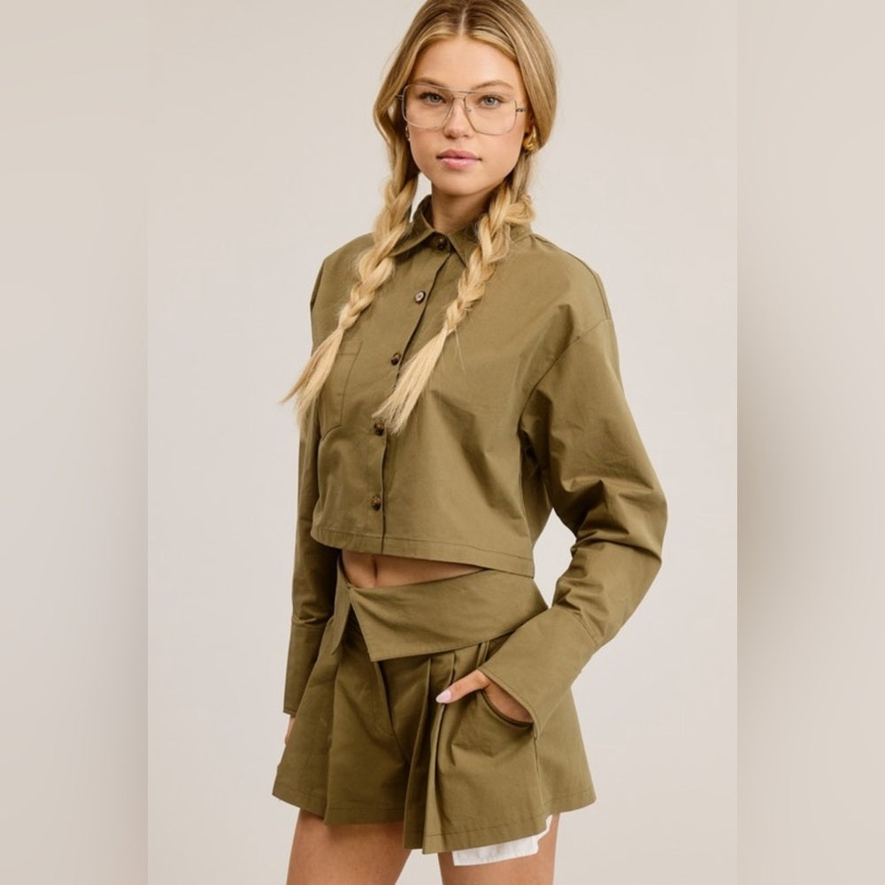 CHIC 2 PIECE SET BUTTON DOWN SHIRT WITH SKORT- OLIVE