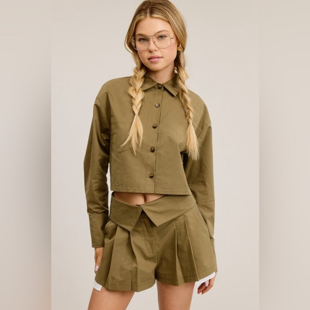 CHIC 2 PIECE SET BUTTON DOWN SHIRT WITH SKORT- OLIVE