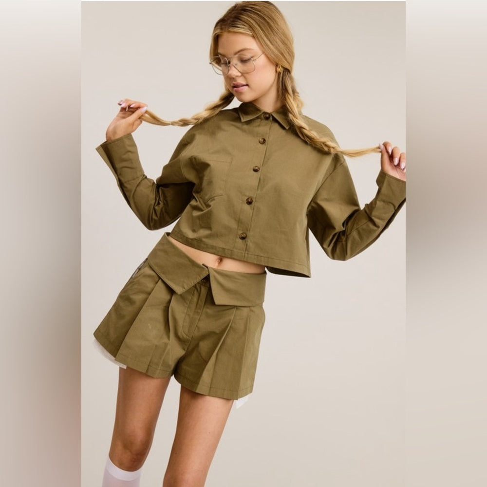 CHIC 2 PIECE SET BUTTON DOWN SHIRT WITH SKORT- OLIVE