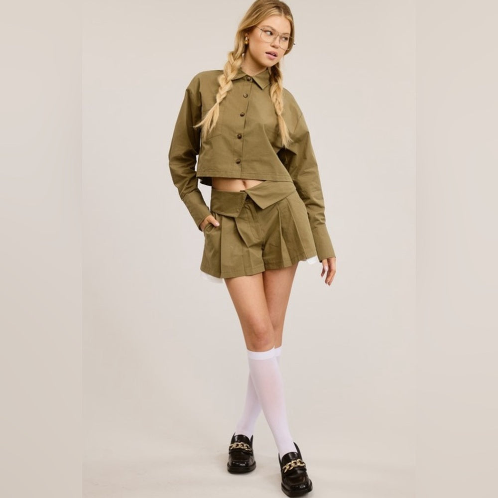 CHIC 2 PIECE SET BUTTON DOWN SHIRT WITH SKORT- OLIVE