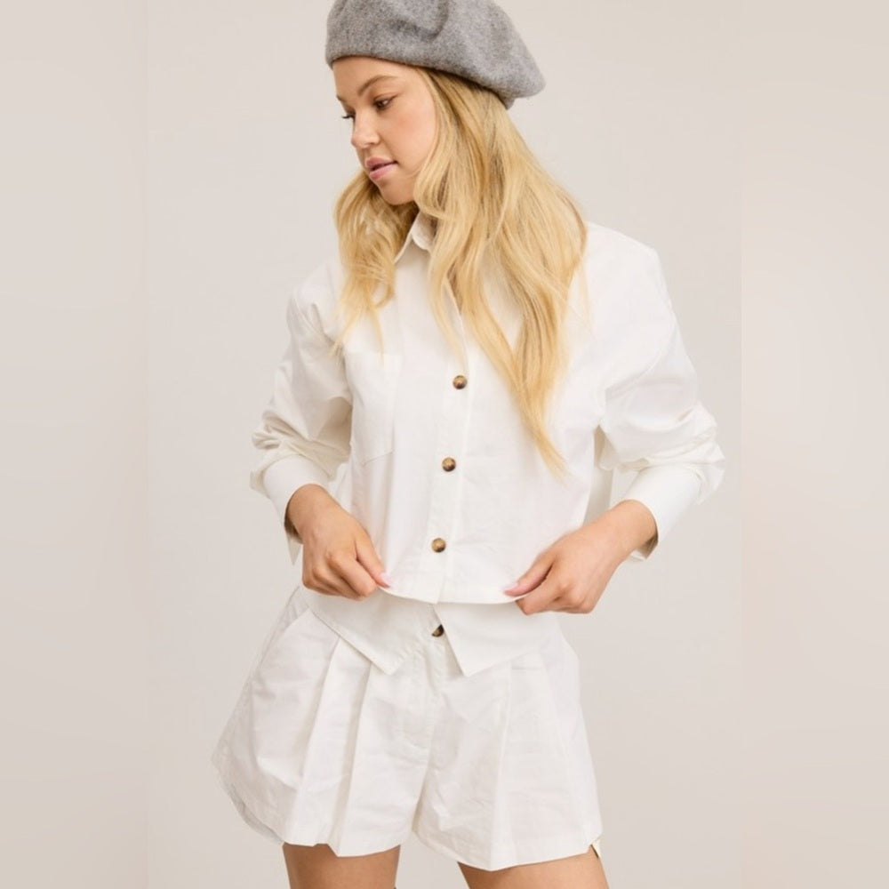 CHIC 2 PIECE SET BUTTON DOWN SHIRT WITH SKORT- WHITE