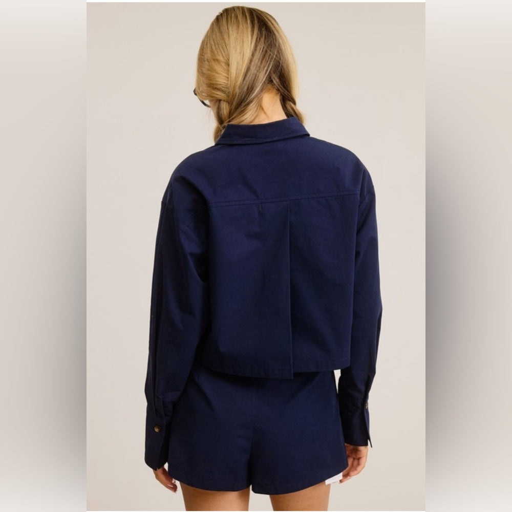 CHIC 2 PIECE SET BUTTON DOWN SHIRT AND SKORT- NAVY BLUE