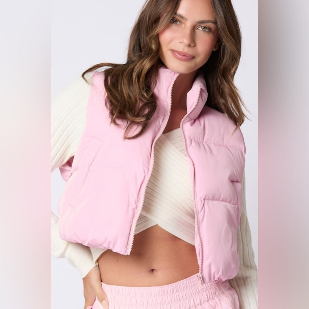 PINK PUFFER VEST WITH SATIN BOW
