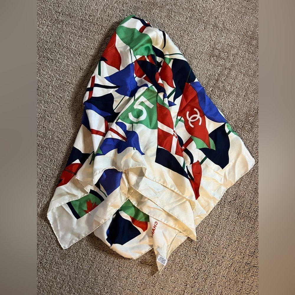 AUTH CHANEL FLAG SCARF- 100% silk