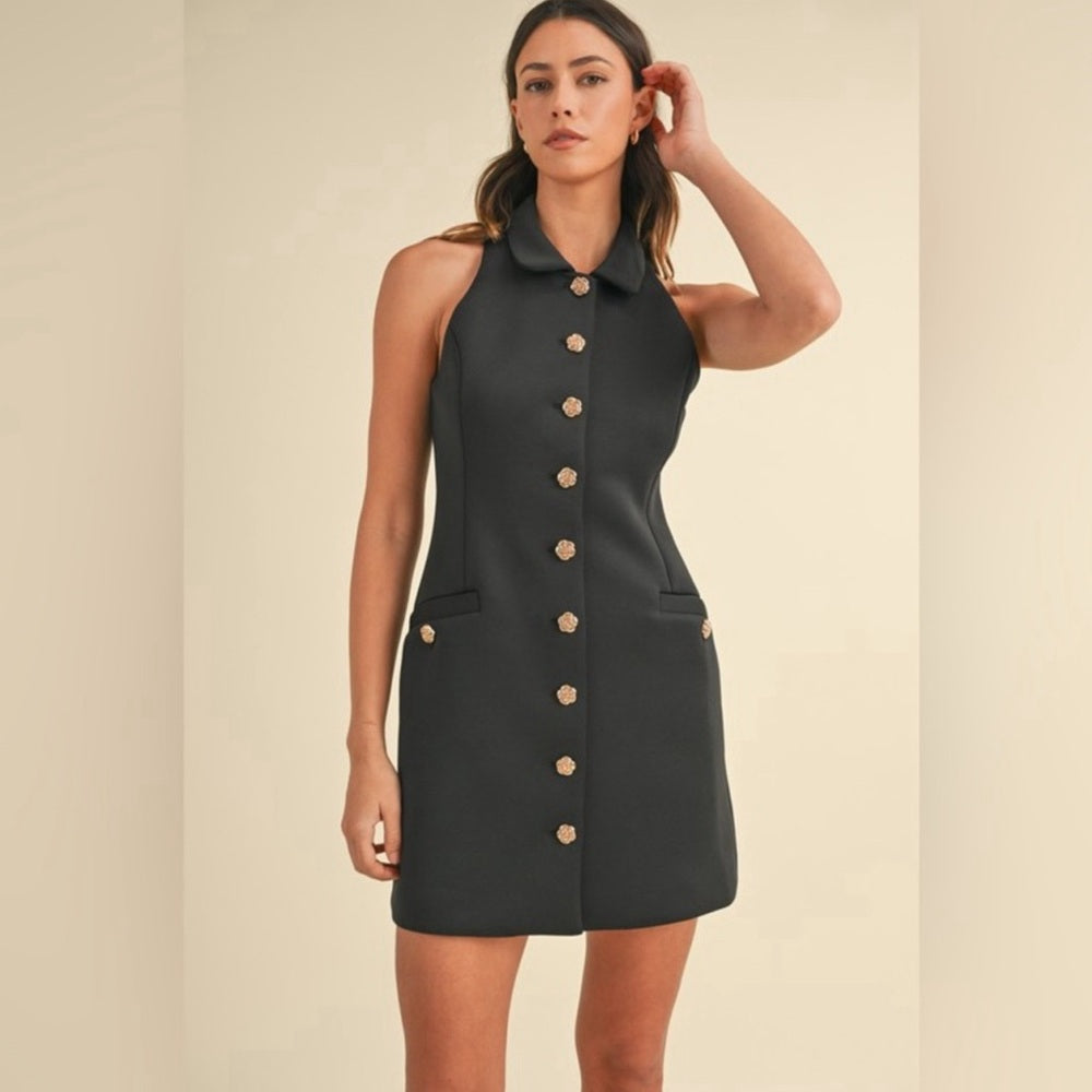 KARA COLLARED ROSE BUTTON MINI DRESS