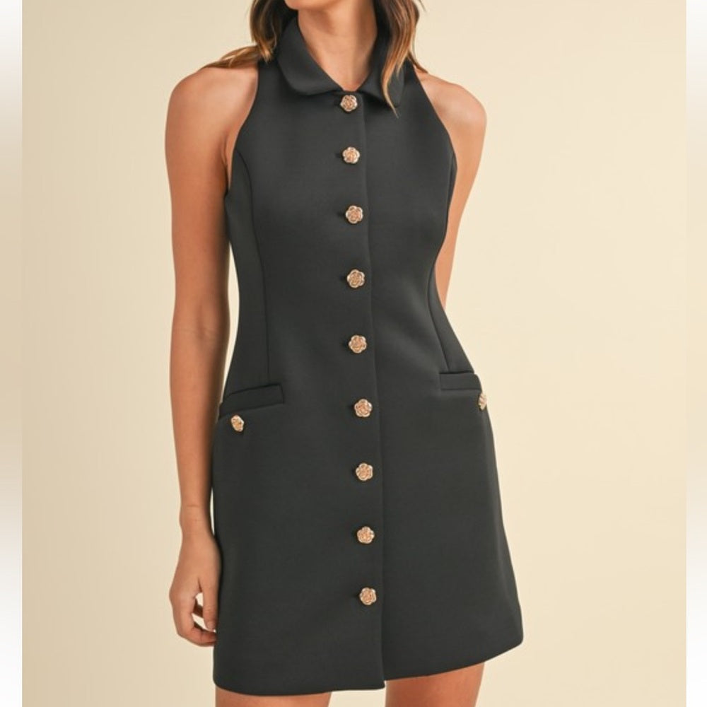 KARA COLLARED ROSE BUTTON MINI DRESS