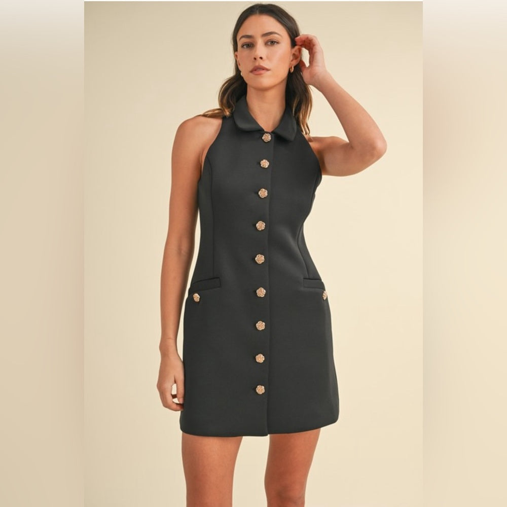 KARA COLLARED ROSE BUTTON MINI DRESS