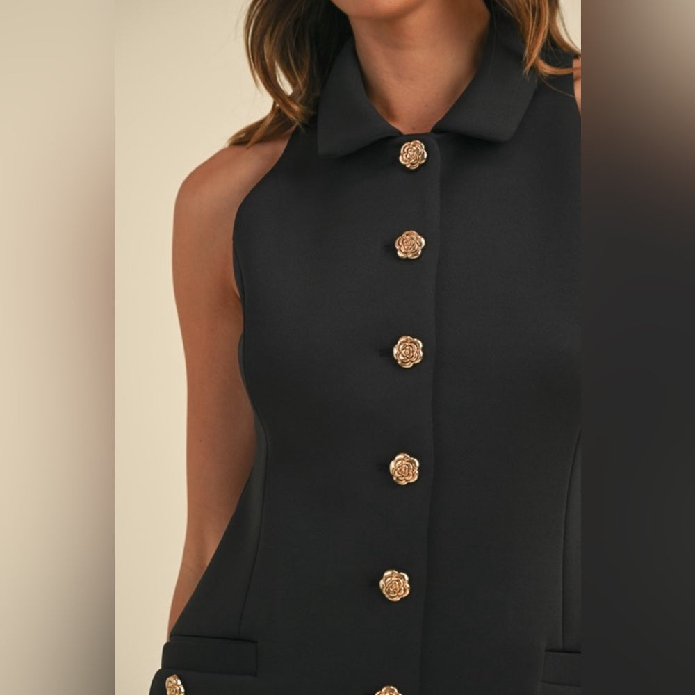 KARA COLLARED ROSE BUTTON MINI DRESS