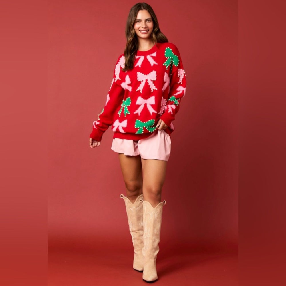 PEARL AND BOW EMBELLISHED SWEATER