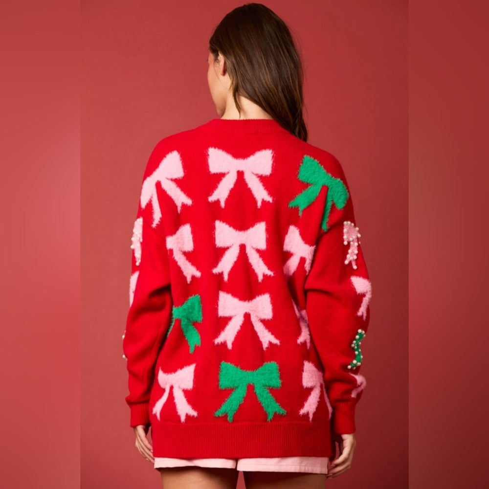 PEARL AND BOW EMBELLISHED SWEATER