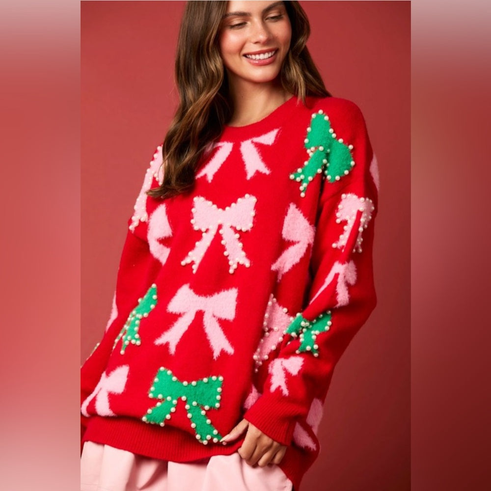 PEARL AND BOW EMBELLISHED SWEATER