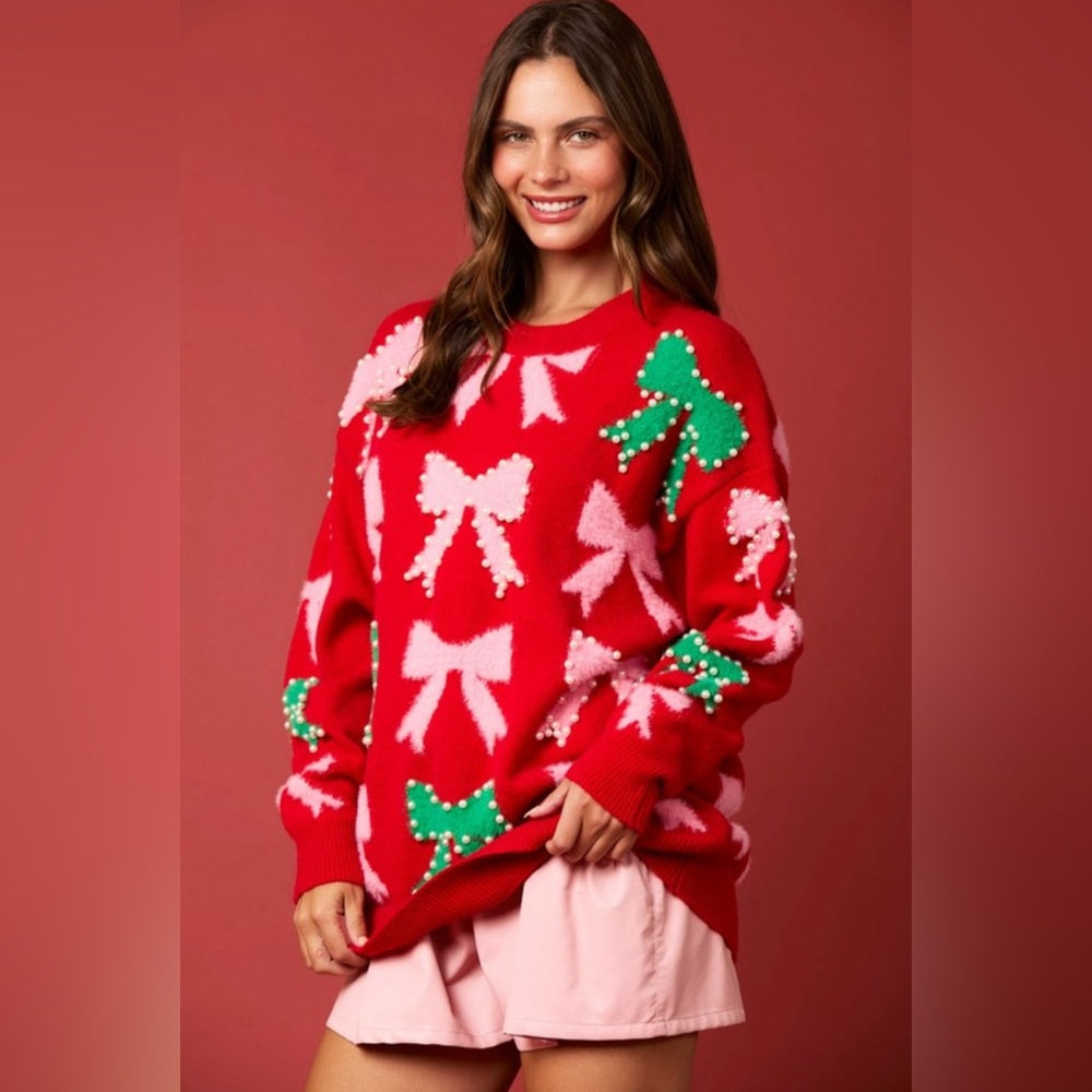 PEARL AND BOW EMBELLISHED SWEATER
