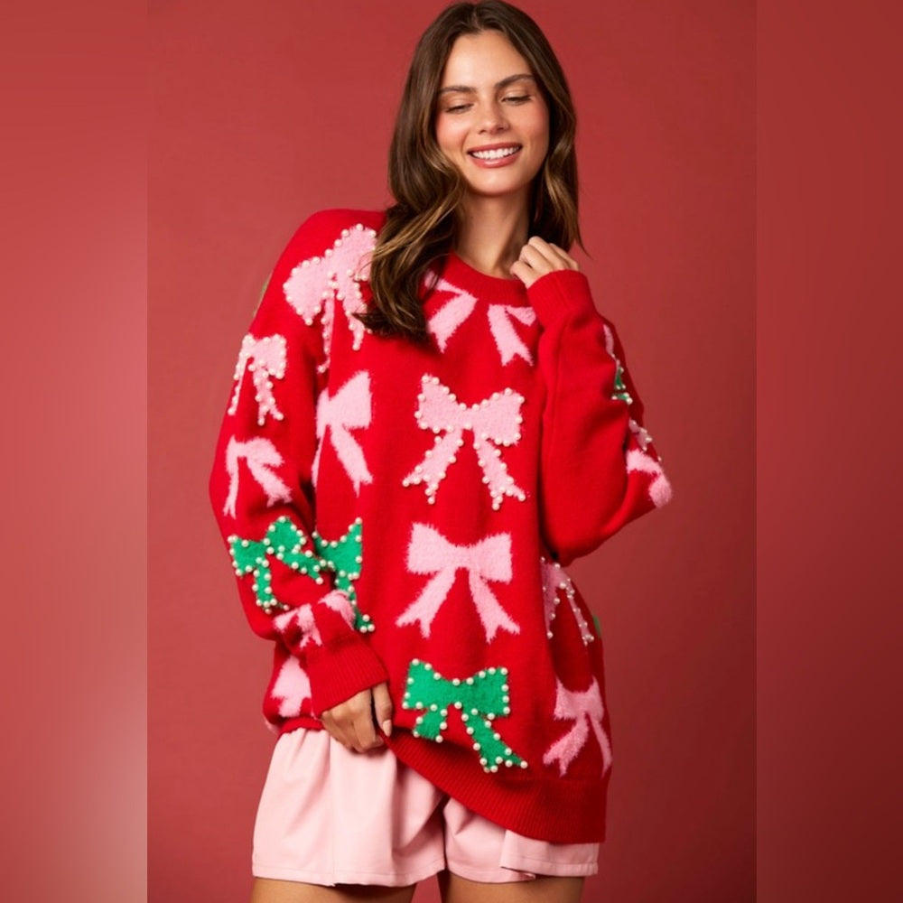 PEARL AND BOW EMBELLISHED SWEATER