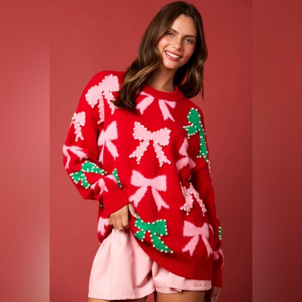PEARL AND BOW EMBELLISHED SWEATER