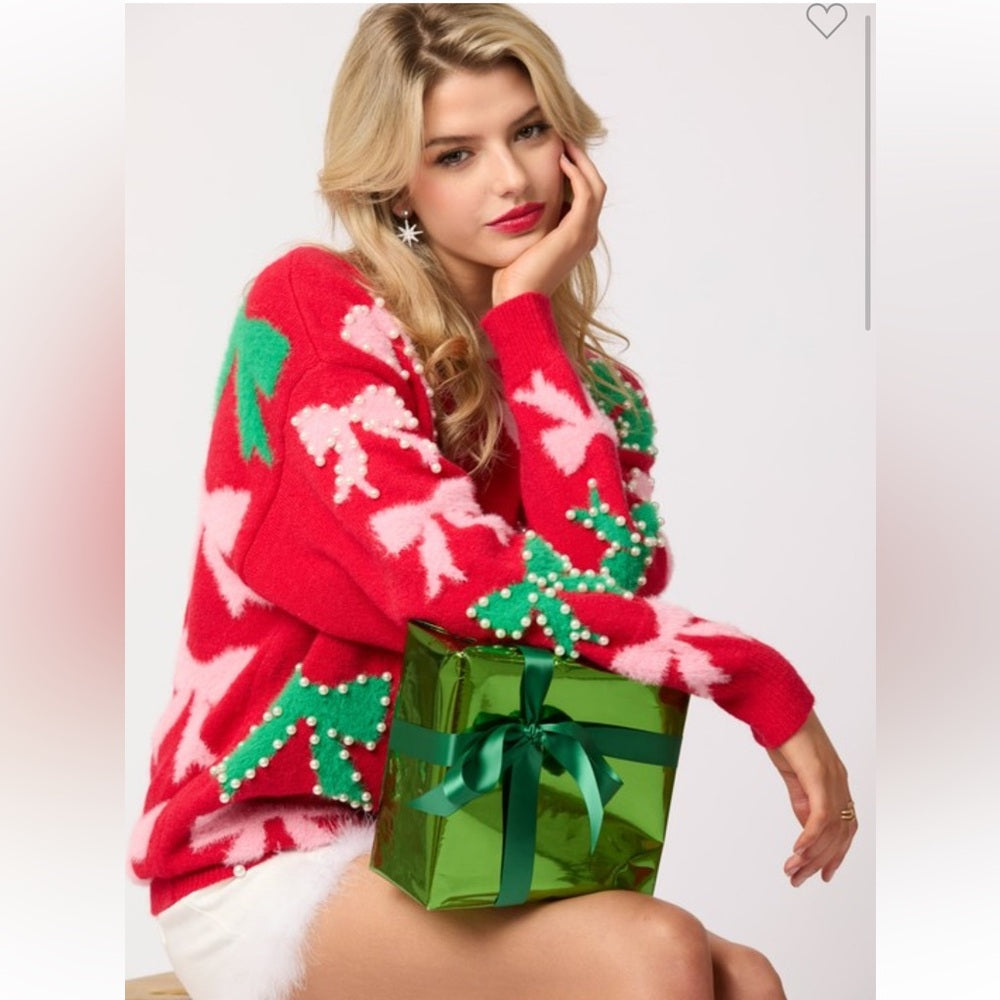 PEARL AND BOW EMBELLISHED SWEATER