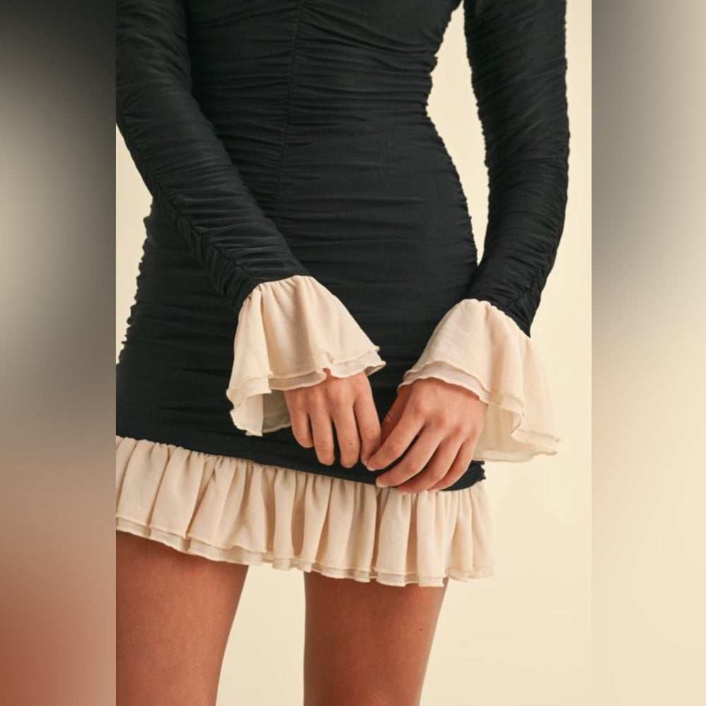 RUCHED MINI DRESS WITH RUFFLE DETAIL