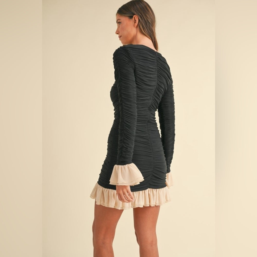 RUCHED MINI DRESS WITH RUFFLE DETAIL