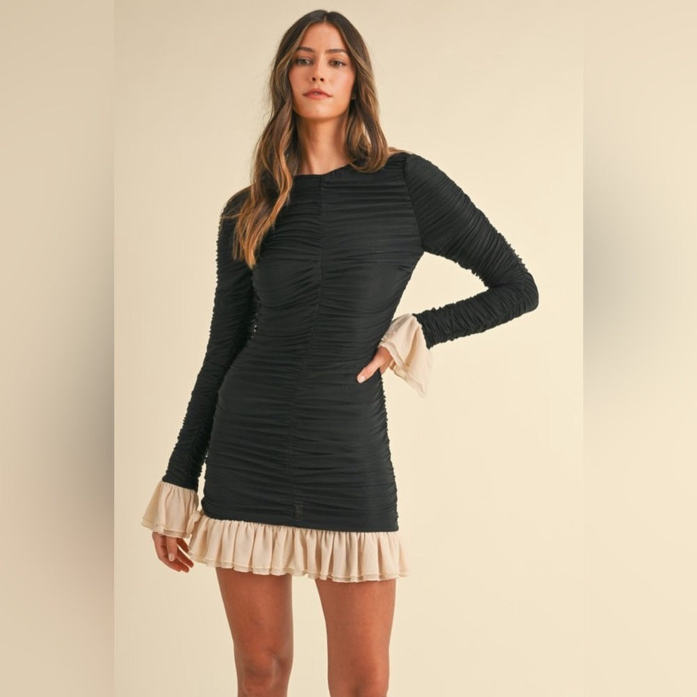 RUCHED MINI DRESS WITH RUFFLE DETAIL