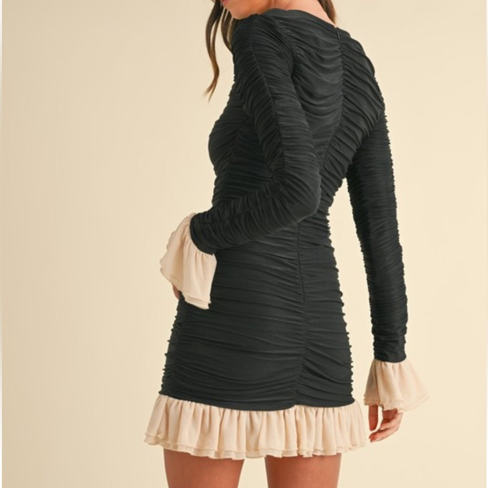 RUCHED MINI DRESS WITH RUFFLE DETAIL
