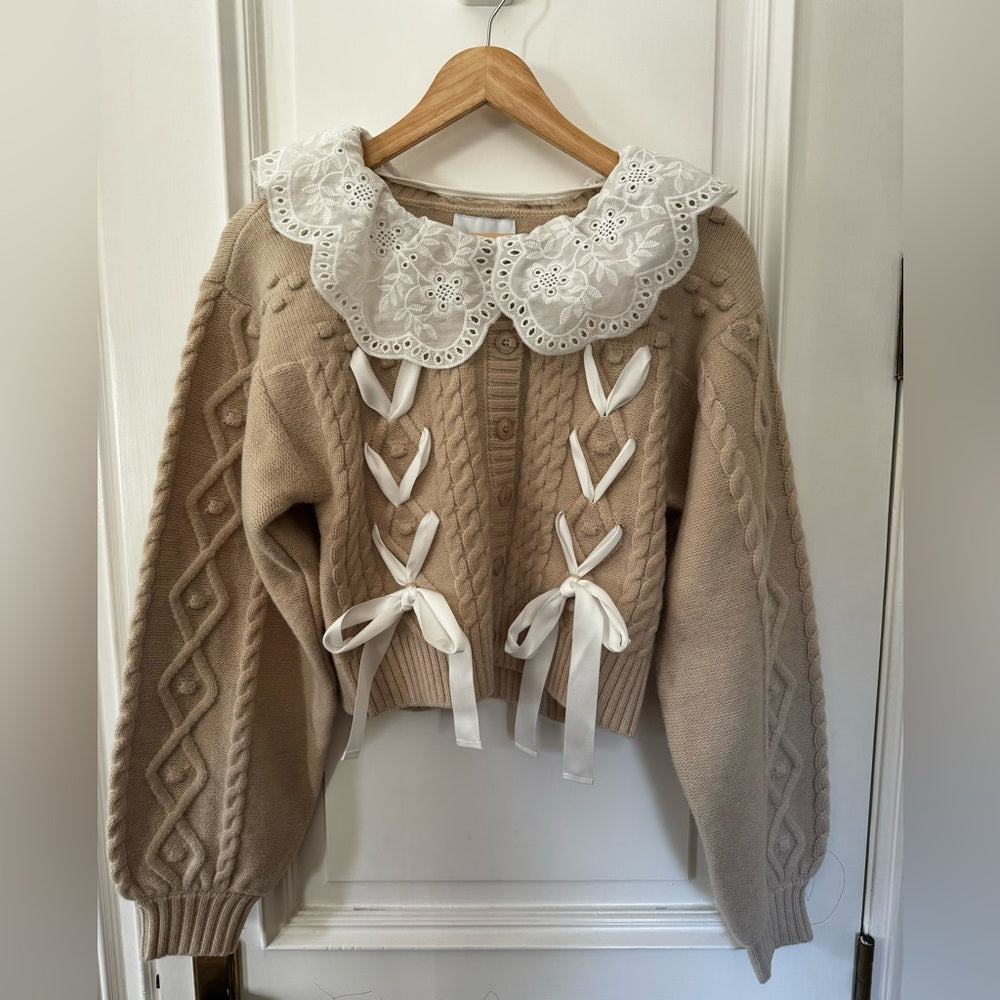 ENBROIDERED COLLAR CABLE KNIT CARDIGAN SWEATER