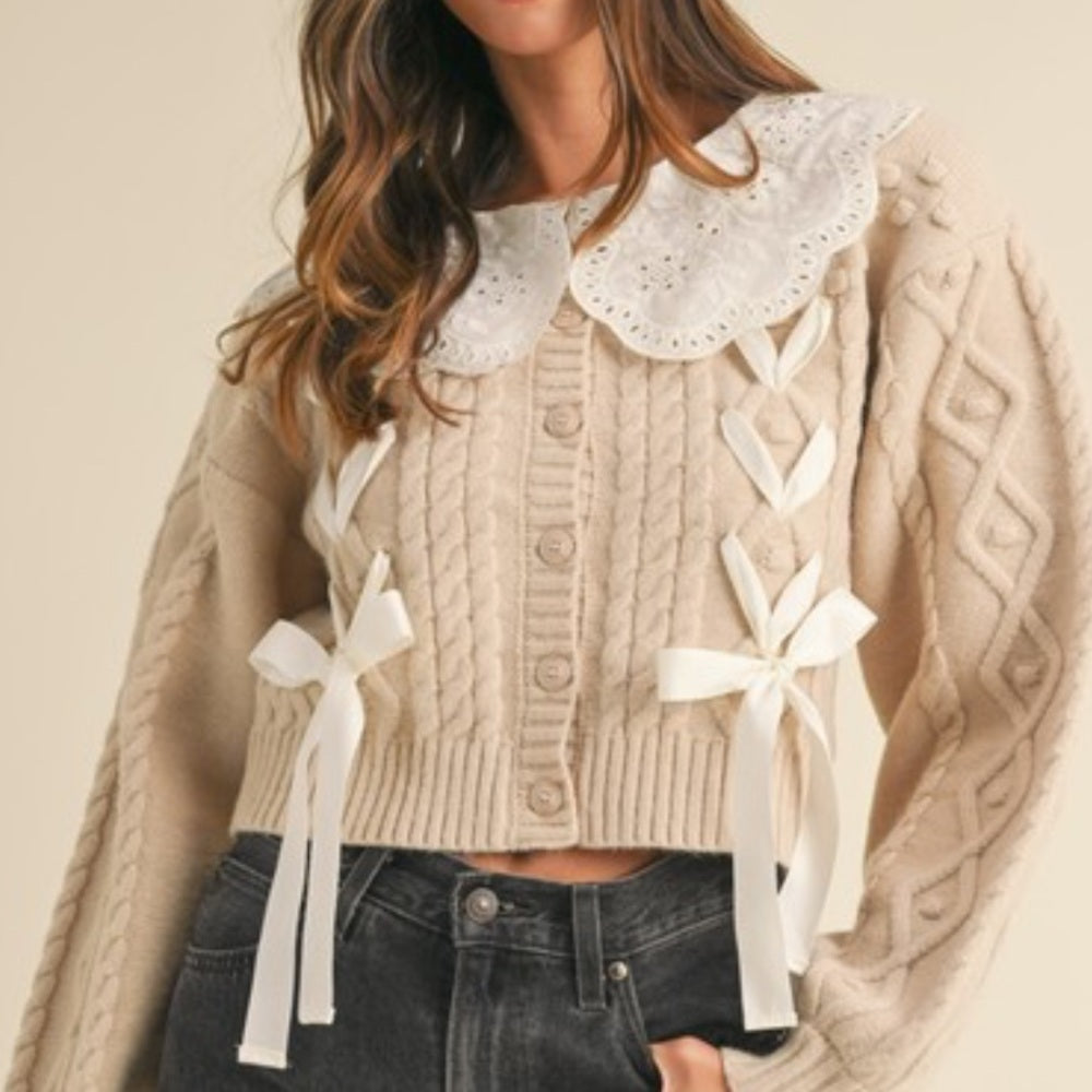 ENBROIDERED COLLAR CABLE KNIT CARDIGAN SWEATER