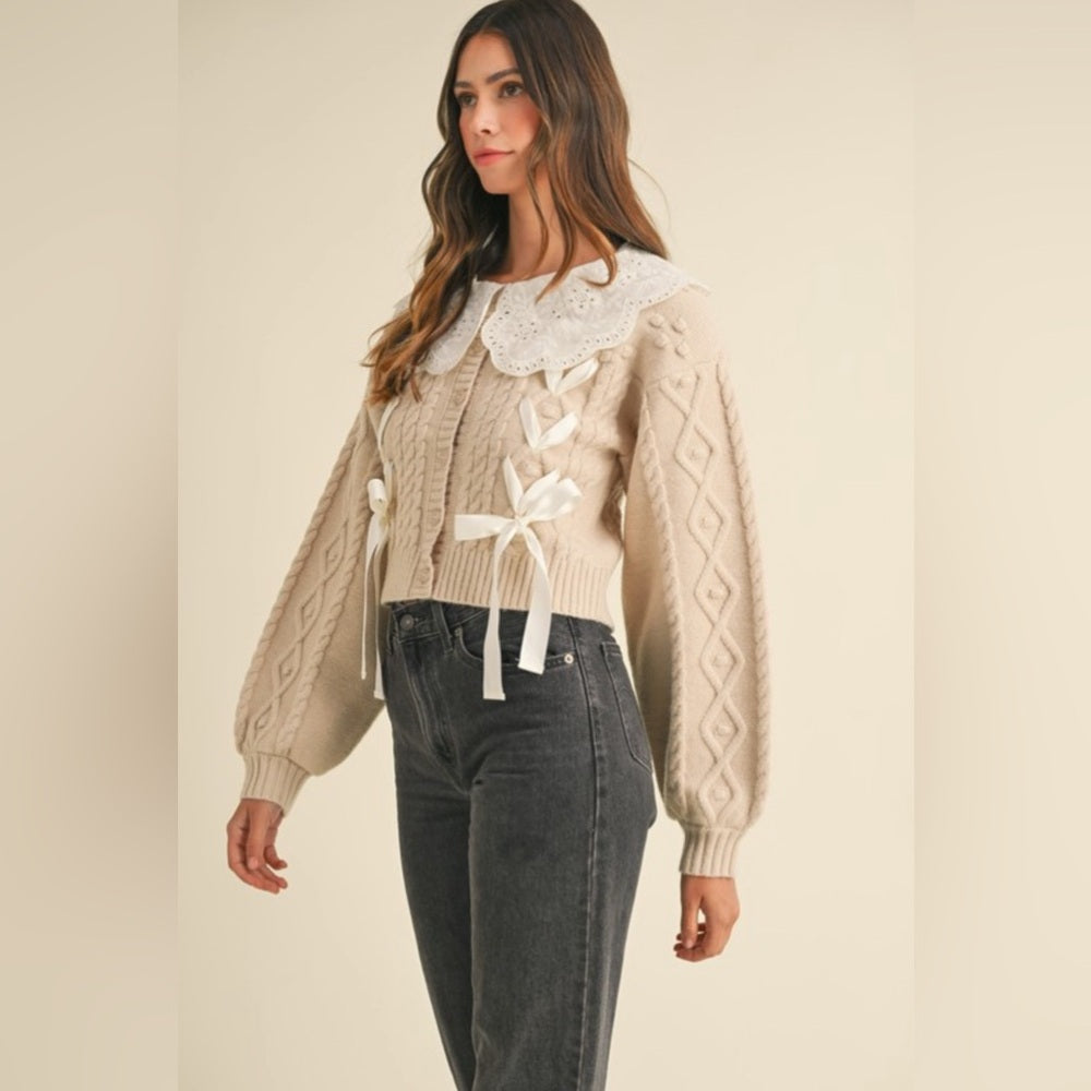 ENBROIDERED COLLAR CABLE KNIT CARDIGAN SWEATER