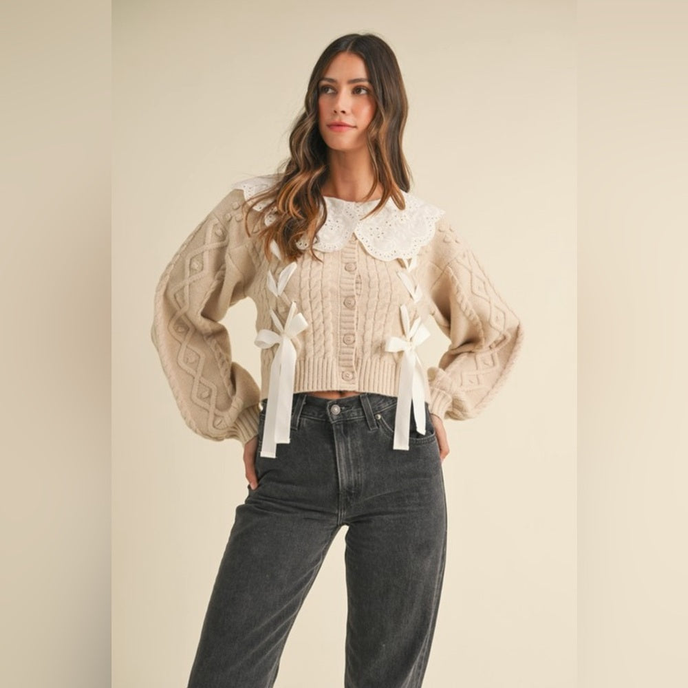 ENBROIDERED COLLAR CABLE KNIT CARDIGAN SWEATER