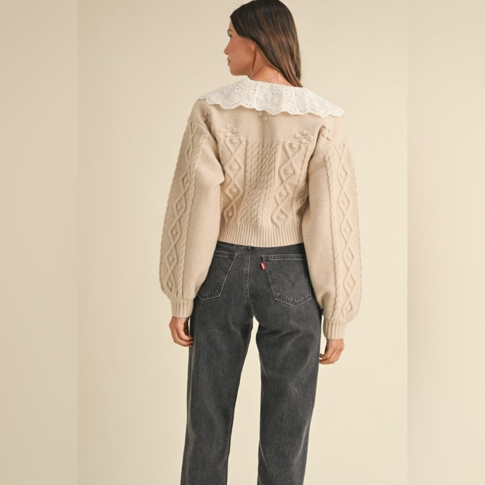 ENBROIDERED COLLAR CABLE KNIT CARDIGAN SWEATER