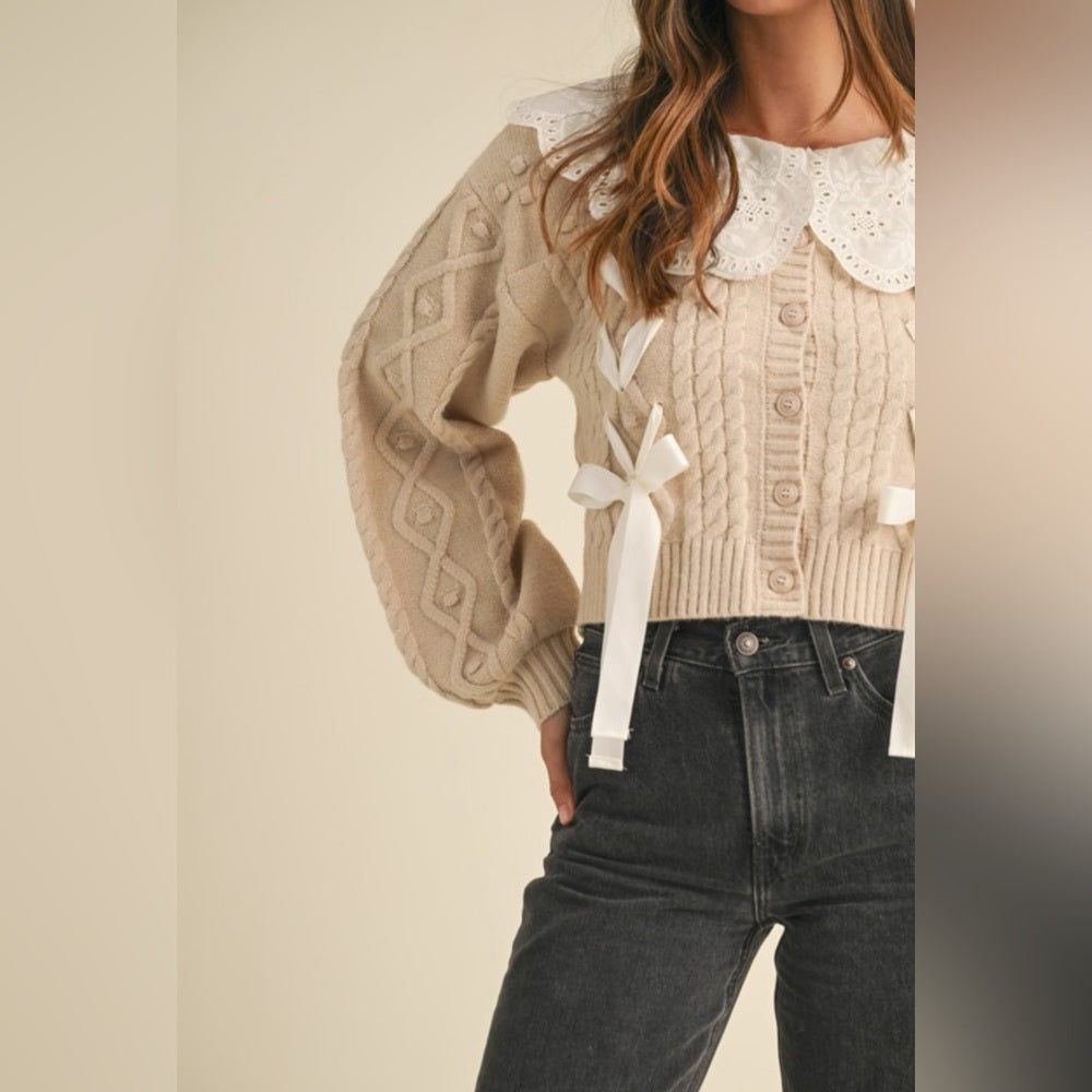 ENBROIDERED COLLAR CABLE KNIT CARDIGAN SWEATER
