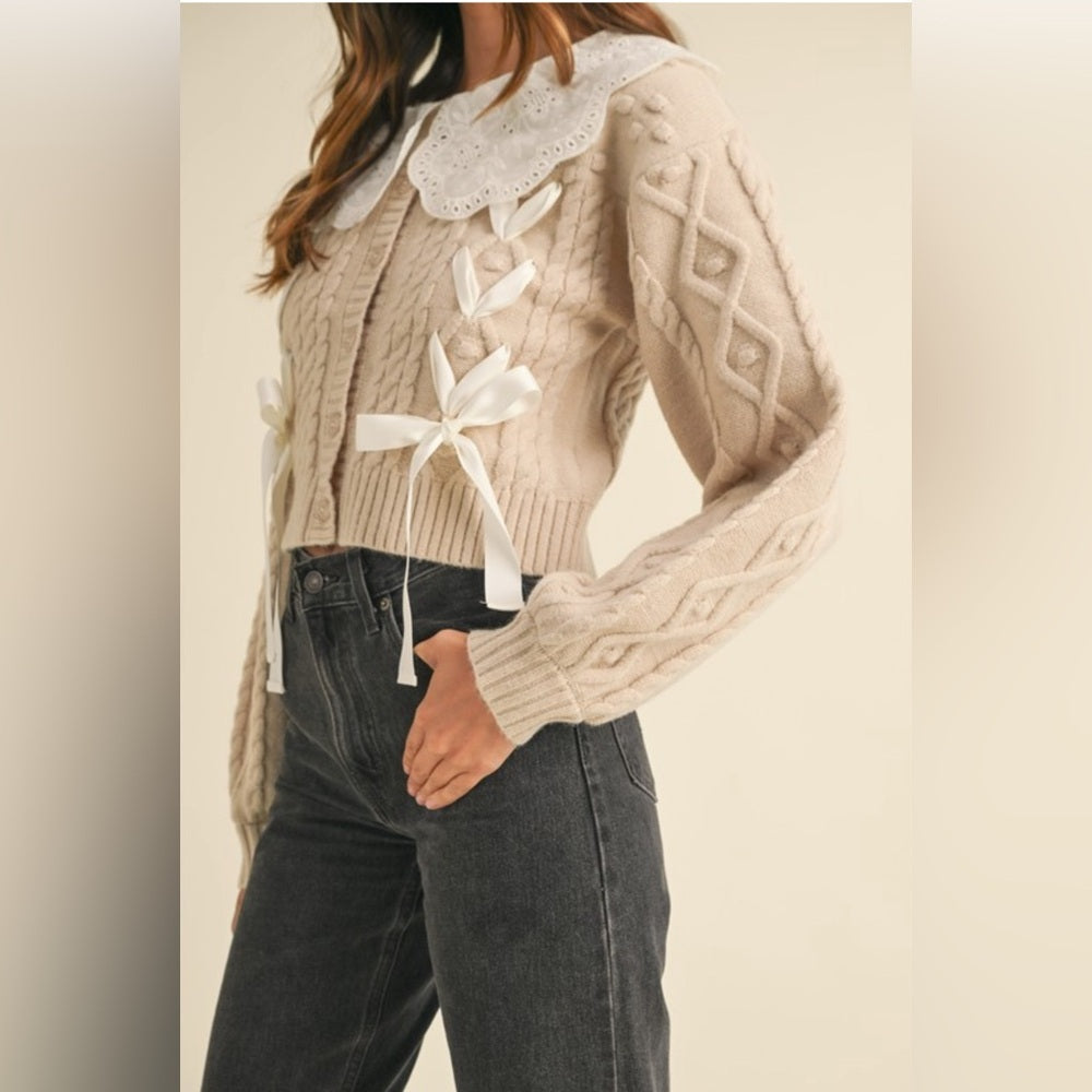 ENBROIDERED COLLAR CABLE KNIT CARDIGAN SWEATER
