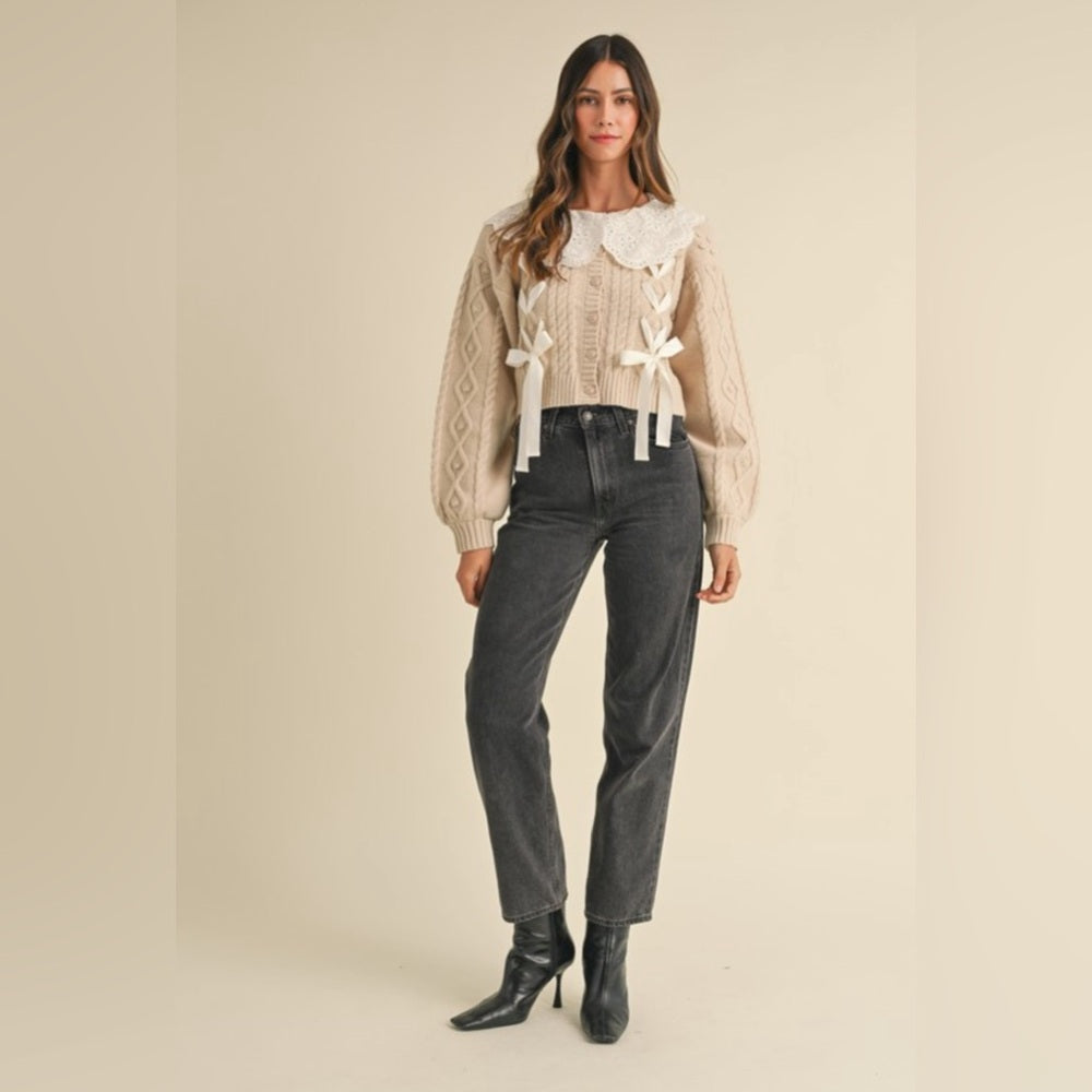 ENBROIDERED COLLAR CABLE KNIT CARDIGAN SWEATER