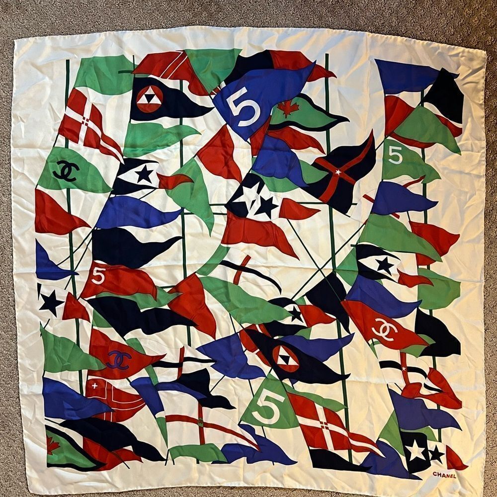 AUTH CHANEL FLAG SCARF- 100% silk