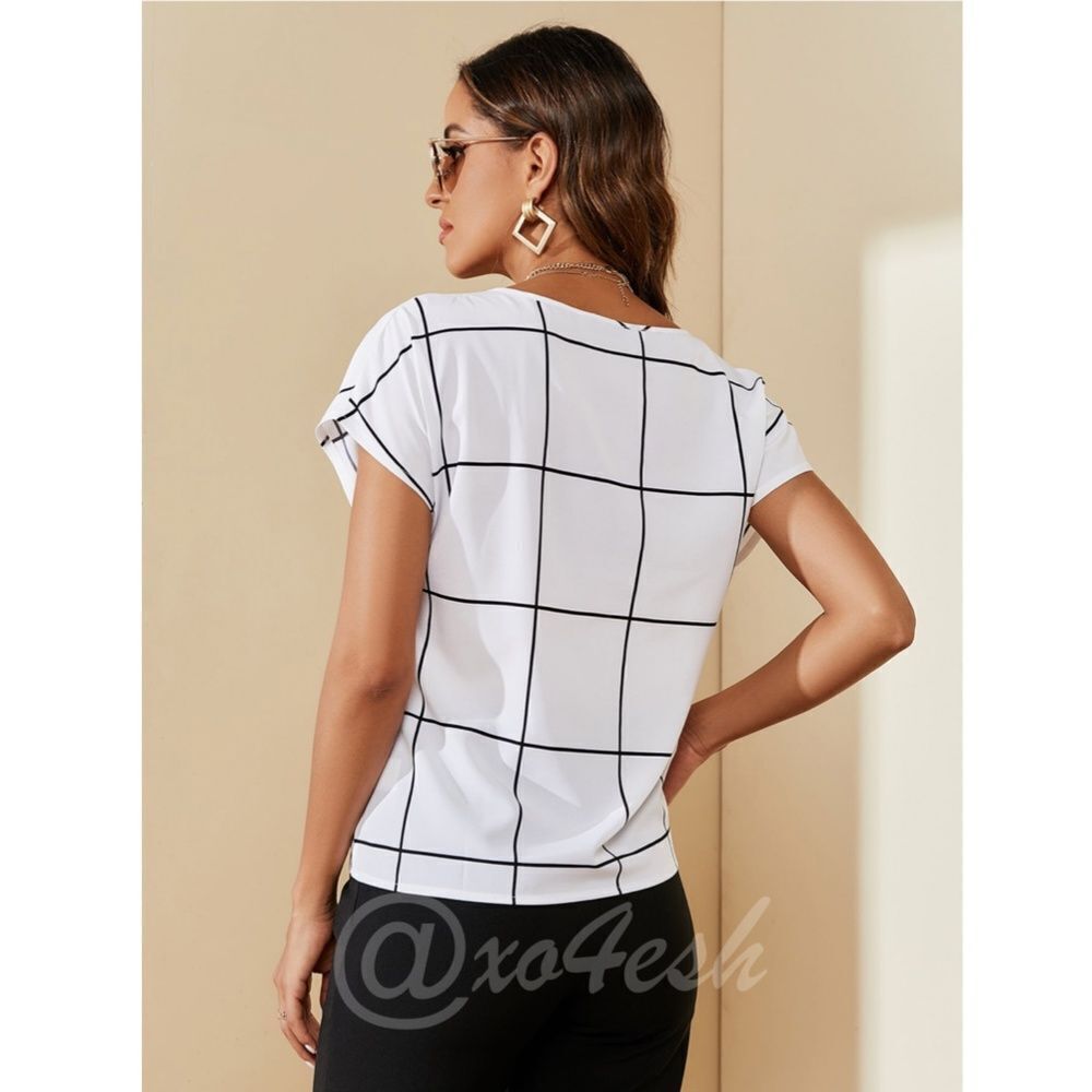 Grid Check White Blouse Tee Shirt Top