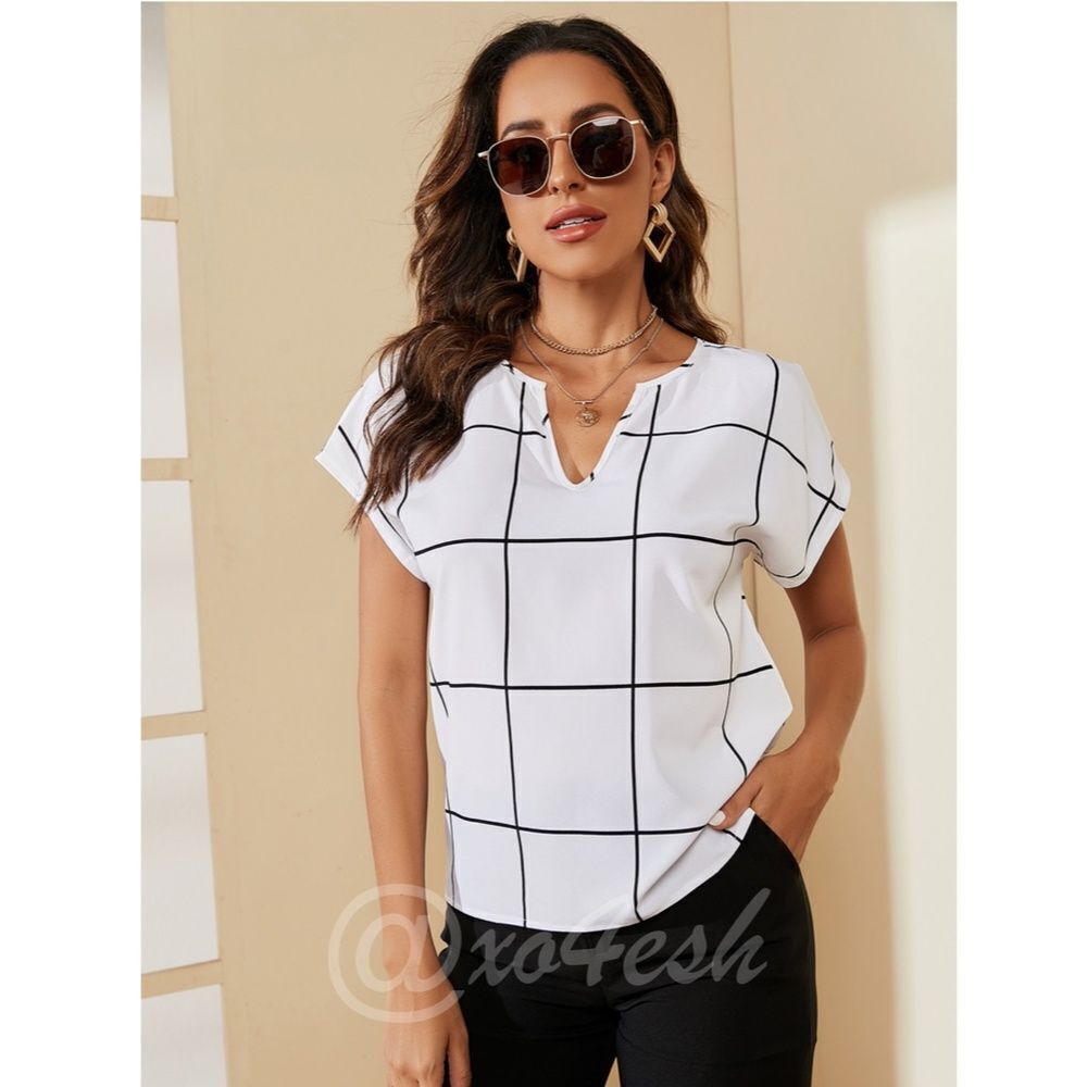 Grid Check White Blouse Tee Shirt Top