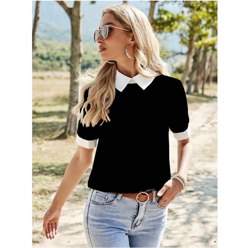 Black Blouse Shirt White Collar