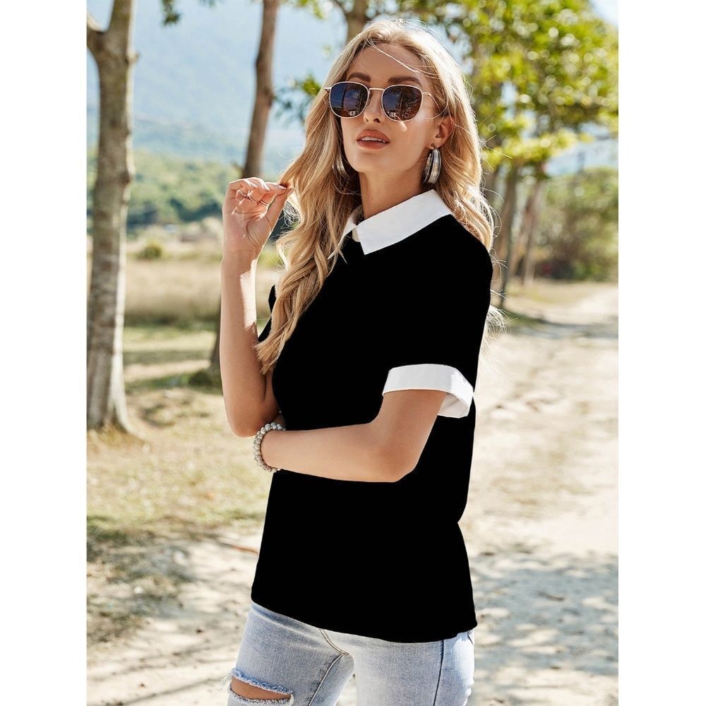 Black Blouse Shirt White Collar
