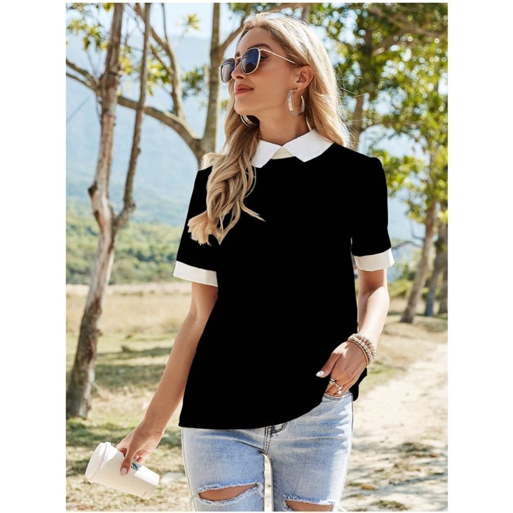 Black Blouse Shirt White Collar